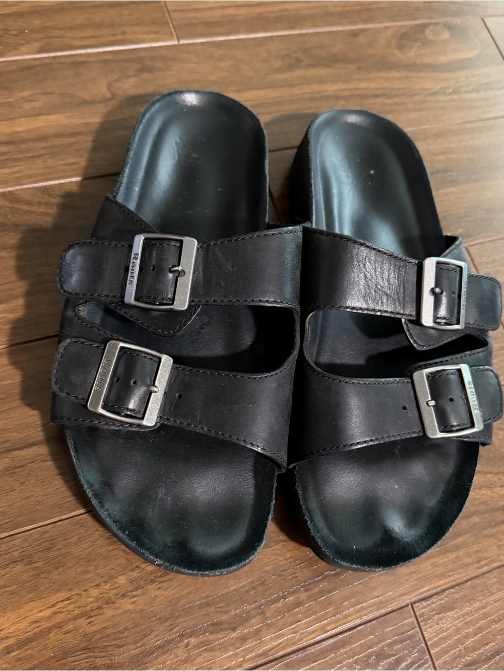 Roots Leather Black Double-Buckle Slide Sandals - size 8 women’s
